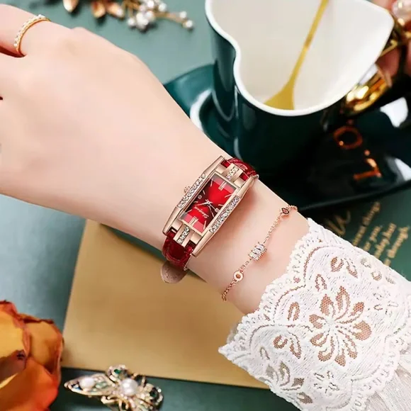 Anthropologie Fashion Rectangle Red Leather Women's Watch - Picture 2 of 3